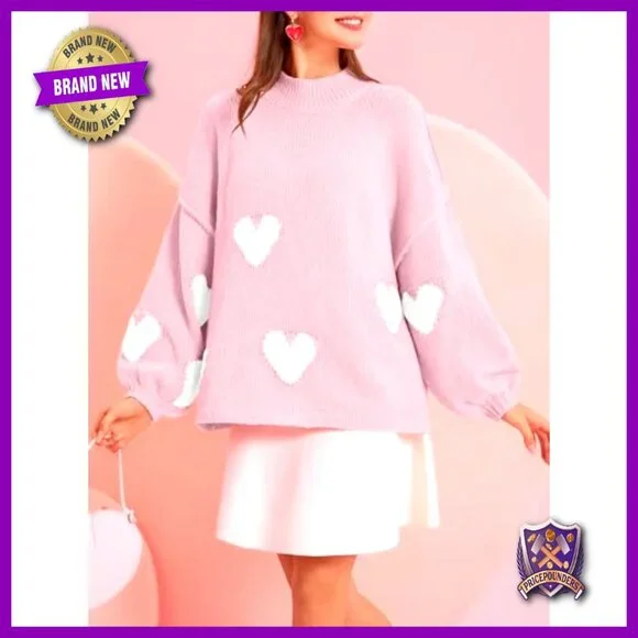 Oversized Heart Sweater Chunky Knit Mock Neck Long Sleeve Tunic Y2K - Picture 3 of 7